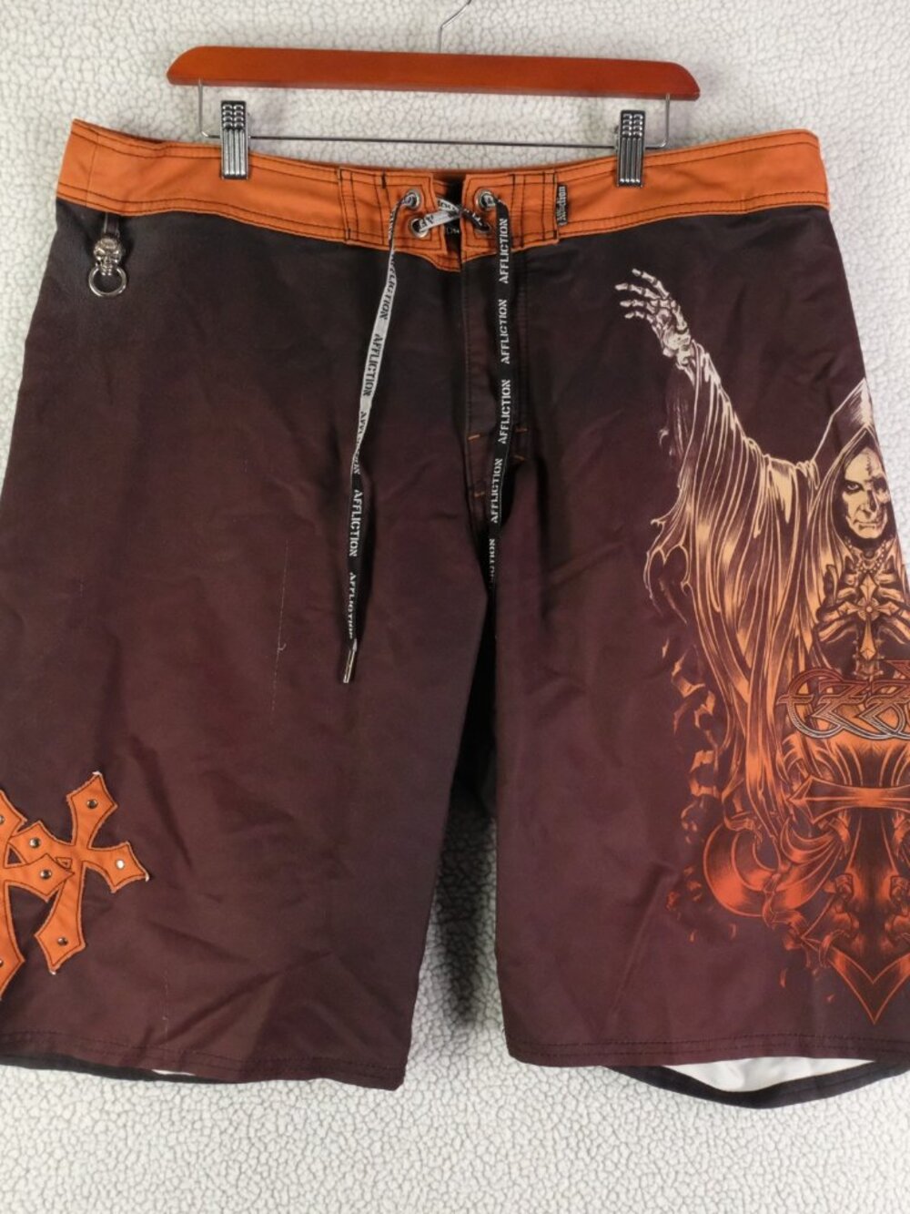 Affliction Board Shorts Mens 38 Brown Graphic Cross Skull Swim Beach Retro